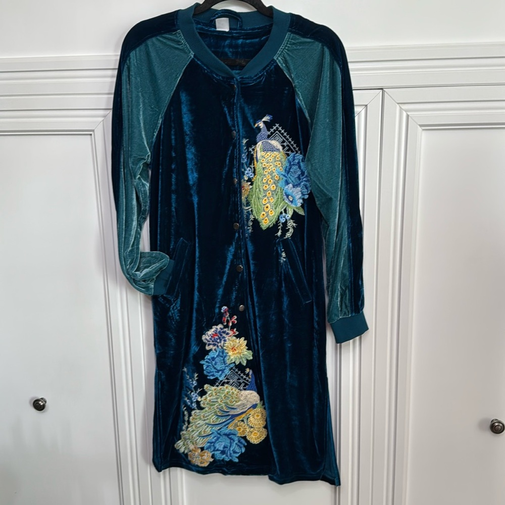 Velvet Peacock Embroidered Long Coat